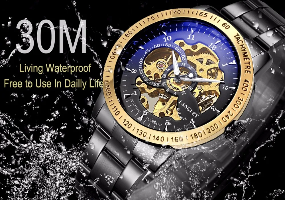 Классические мужские часы, топ класса люкс, брендовые, высокое качество, часы со скелетом, автоматические механические, 3 АТМ, водонепроницаемые наручные часы для мужчин
