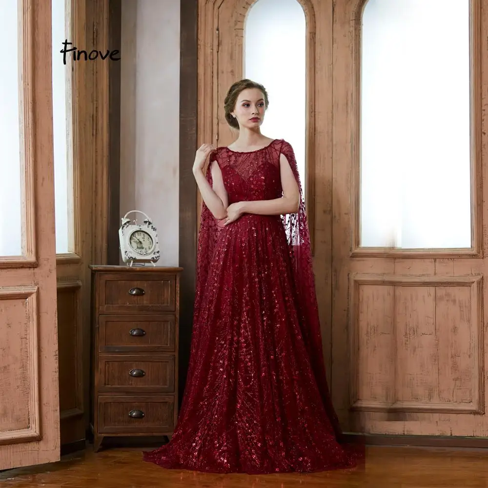 Finove Выпускные платья Длинные Robe De Soiree винно-красное светоотражающее платье с блестками элегантное ТРАПЕЦИЕВИДНОЕ вечернее платье с круглым вырезом для женщин