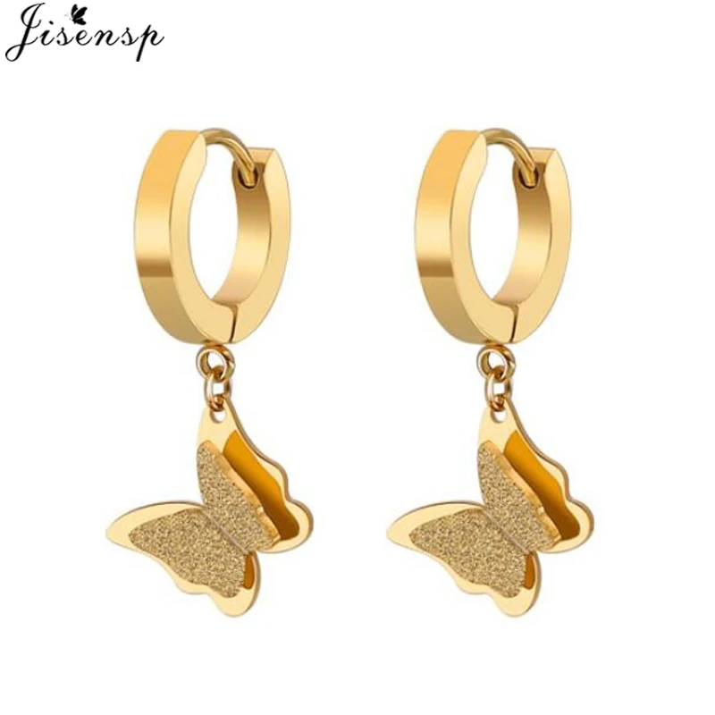 

Jisensp Romantic CZ Double Butterfly Earrings for Women Cute Smooth and Scrub Stainless Steel Animal Stud Earrings Long Earings