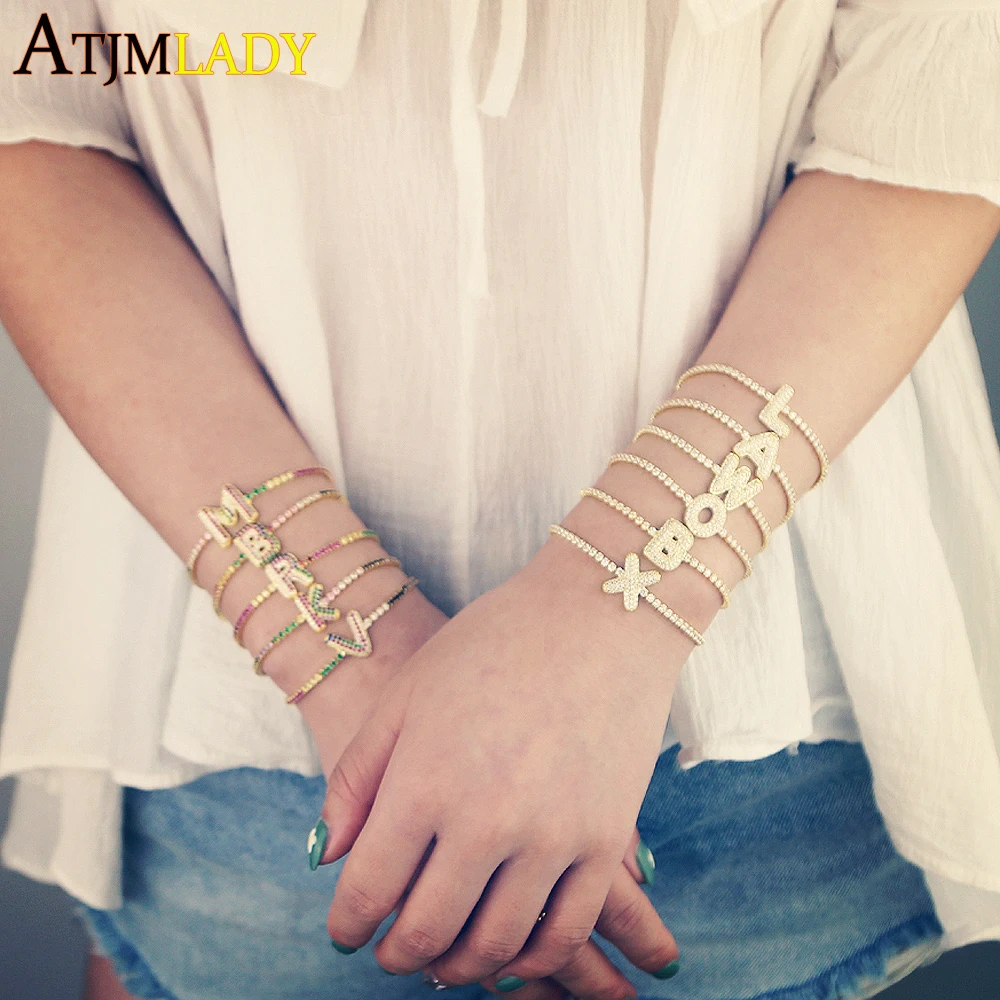 Gold filled 26 letter Initial adjust chain bracelet thin cz tennis white rainbow color new wholesale name bracelets | Украшения и