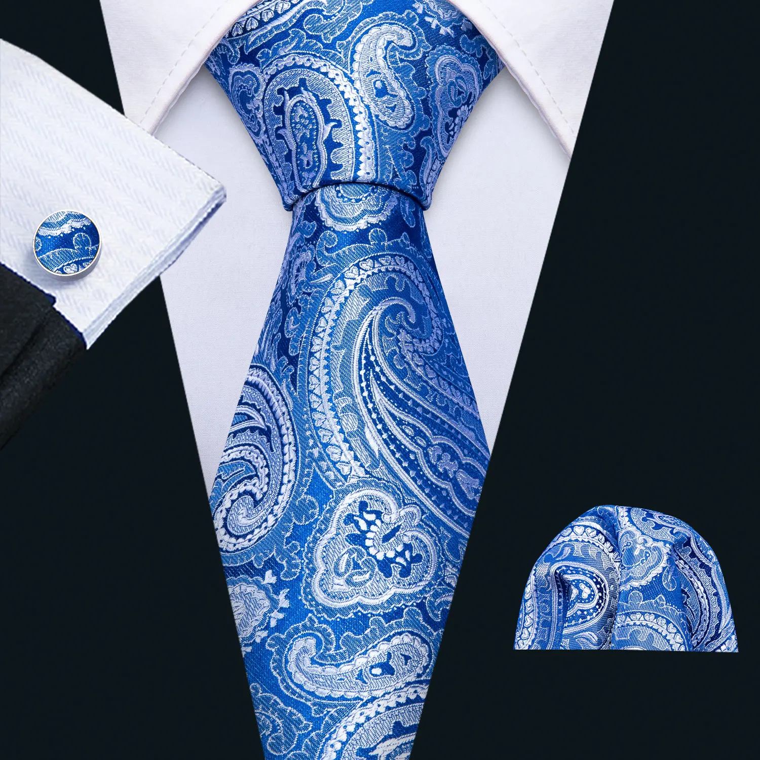 Mens Wedding Tie Blue Paisley Silk Tie Hanky Set Barry.Wang 8.5cm Fashion Designer Neck Ties For Men Party Dropshipping FA-5147