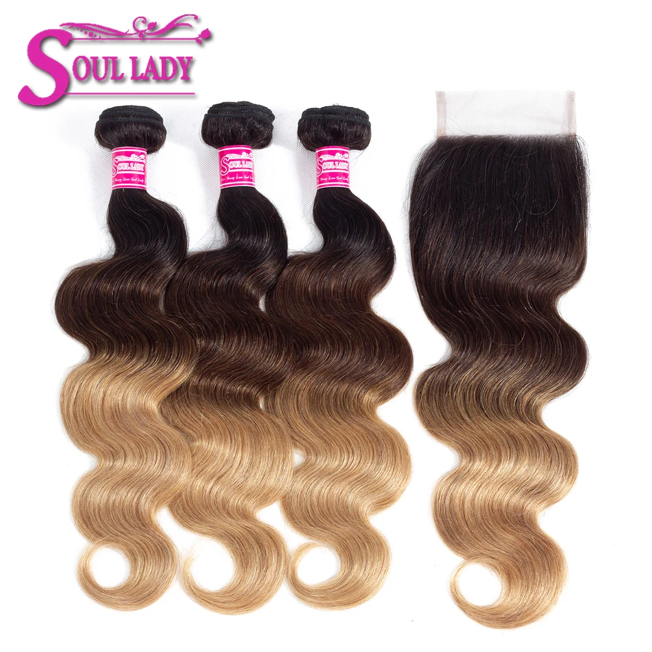 

Soul Lady Ombre Malaysian Hair Closure With Bundles Blonde Body Wave Bundles Human Hair 3 Bundles With Closure Nonremy 1B/4/27