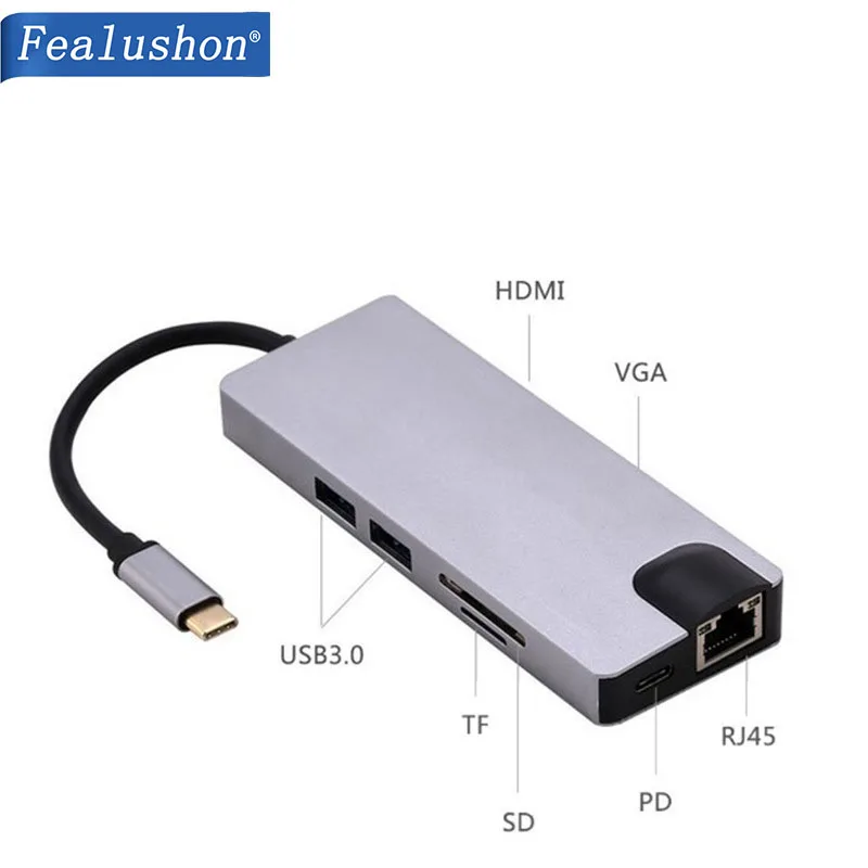 Док-станция с разъемом типа C HDMI VGA USB3.0 power Delivery Hub для ноутбука Macbook Pro hp DELL Surface lenovo samsung s8/s9