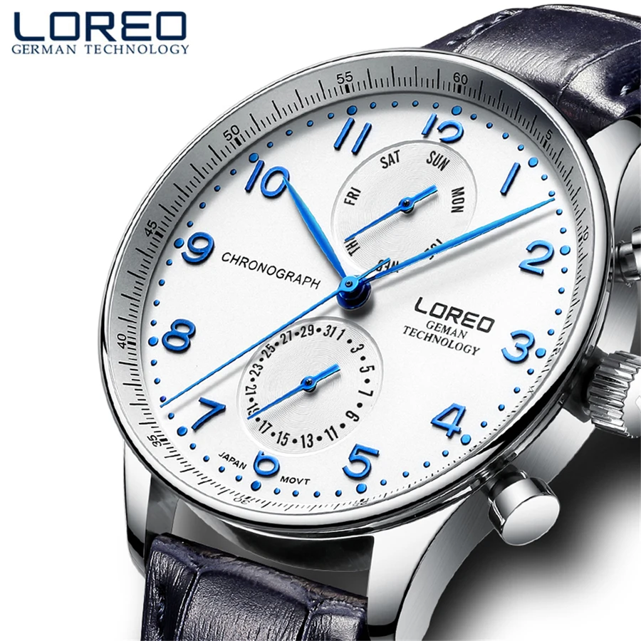 

LOREO Original Watch Mens Top Brand Sapphire Crystal Men's Business Genuine Leather Dress Calendar Hour Clock Male Relogio