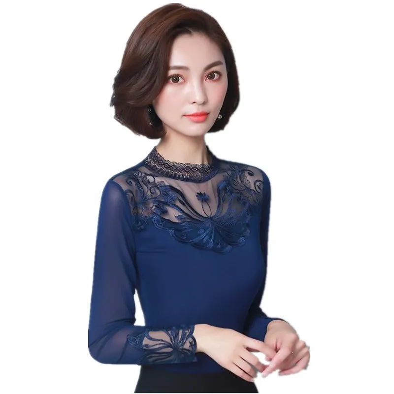 

Plus Size Lace Shirts For Women 2019 Autumn Spring Summer Fashion Basic Shirt Blouse Long Sleeve Lace Gauze Shirt LY197