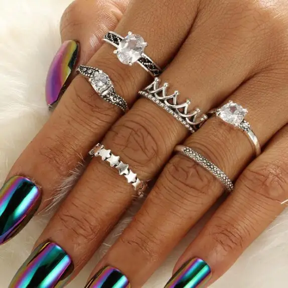 

Vintage Bohemian Beach Opal Ring Set Ethnic Antique Silver Color Water Drop Midi Finger Boho Rings For Women