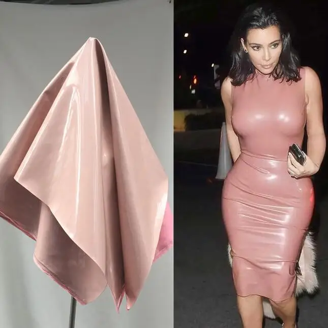 

Fashion Pink micro-elastic rigid bright mirror PU leather fabric dress handbag gloves diy Dance Garment textiles fabric,A519