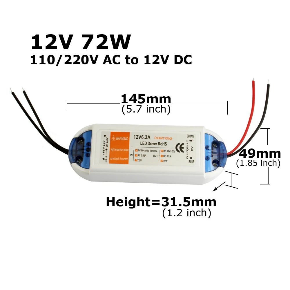 Universal 12V LED Driver Power Supply for LED Strip Lighting - 18W to 100W