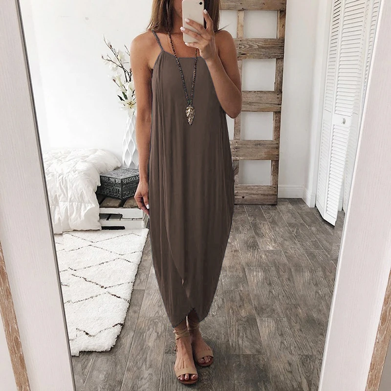 Female Ladies Holiday Strappy Irregular Wrap Maxi Summer Dress Women Loose Solid Color Sleeveless Sexy Sundress Plus Size S-3XL