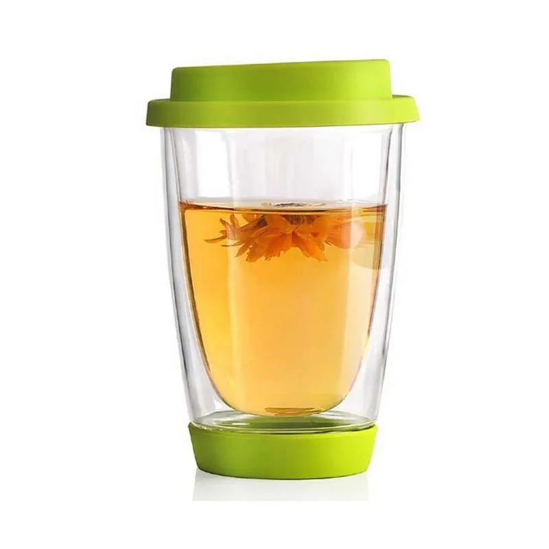 

350ml Simple Colorful Heat-resistant Double Wall Glass Silicon Cover and Bottom Coffee Travel Mugs Portable Teacup Drinkware