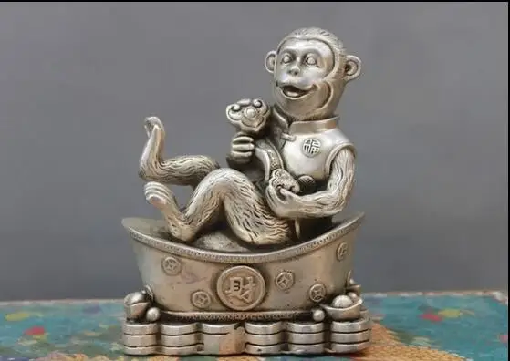 

free Chinese Folk Fengshui White Bronze Silver Auspicious Ruyi YuanBao Monkey Statue fast