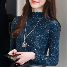 Зимняя Женская Высокая мода с оборками воротник бабочка рукав Bling под женские рубашки-топы плюс бархатная футболка с блестками