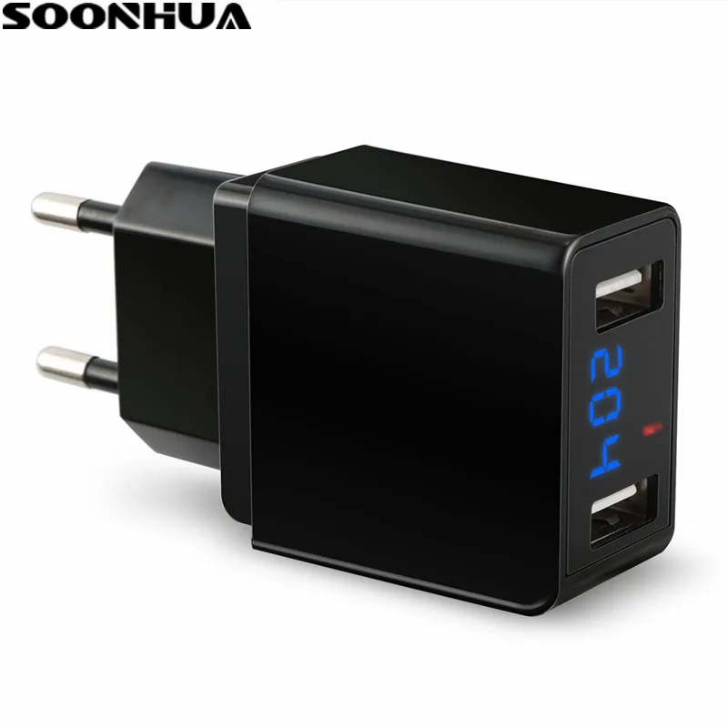 

SOONHUA Universal Dual USB Charger 5V2.4A Travel Wall Charger Adapter EU US Plug Smart Mobile Phone Charger With Digital Display