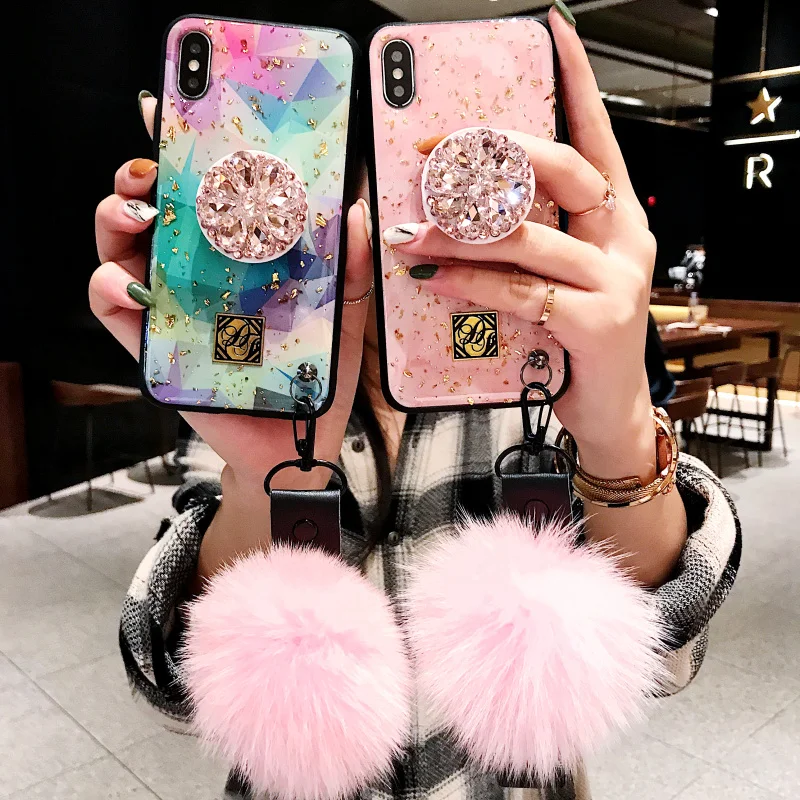 الفاخرة لطيف اللون الوردي شفافة بريق الرخام 3D الماس القوس لطيف سيليكون جراب هاتف ل iphone X XR XS ماكس 7 8 زائد 6 S