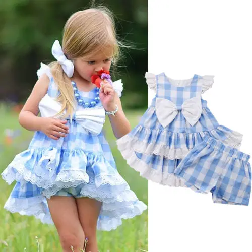 Infant Toddler Kid Girl Dress Shorts Clothing Set Little Girls Plaids