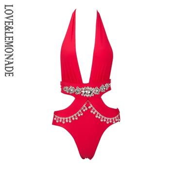 

LOVE & LEMONADE Red Shoulder Tassels Decorated Deep Back Slim SWINSUIT LM1009