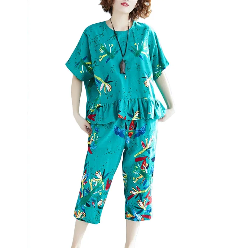 

Women Fashion Suit Summer New large size cotton linen printed ruffled top + pants 2 piece Suits Womens Motion Casual Sets F012
