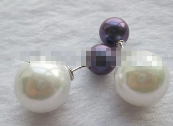 

free shipping 00331 deep blue + white perfect round sea shell pearl earring