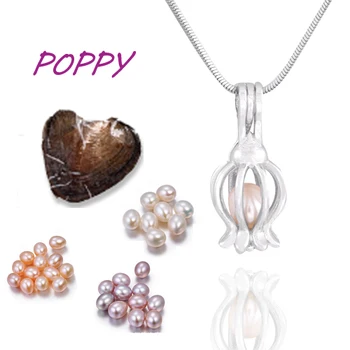 

Poppy shape plated sliver cage pendant Pearl mix style flower shape 18 inches snake chain freshwater rice pearl Jewelry PO165