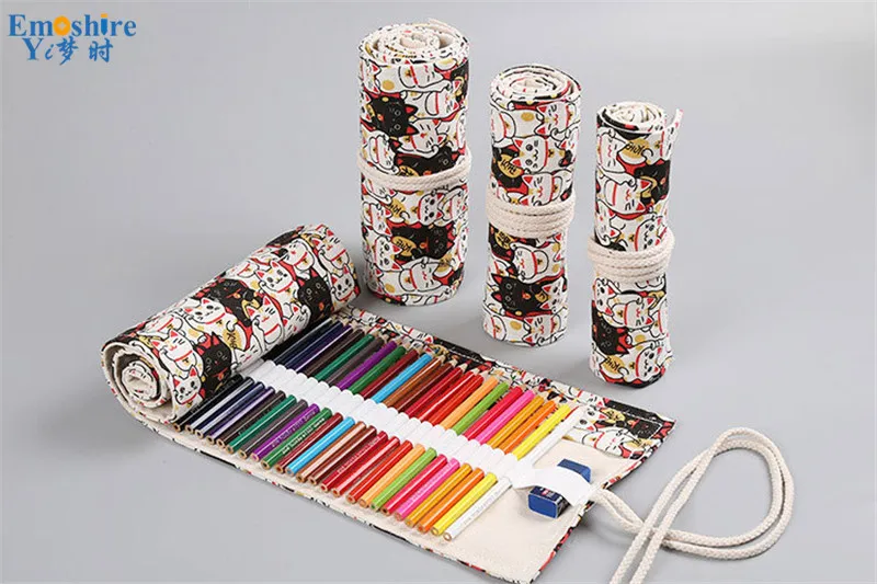 Emoshire Lucky cat print handmade canvas art curtain 36 48 72 hole large capacity pencil pen color lead sketch stationery bag (5)