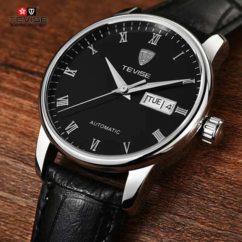 2017 Tevise Business Mechanical Watches Leather Band Wristwatches Men Luxury Brand Waterproof Black White Gift