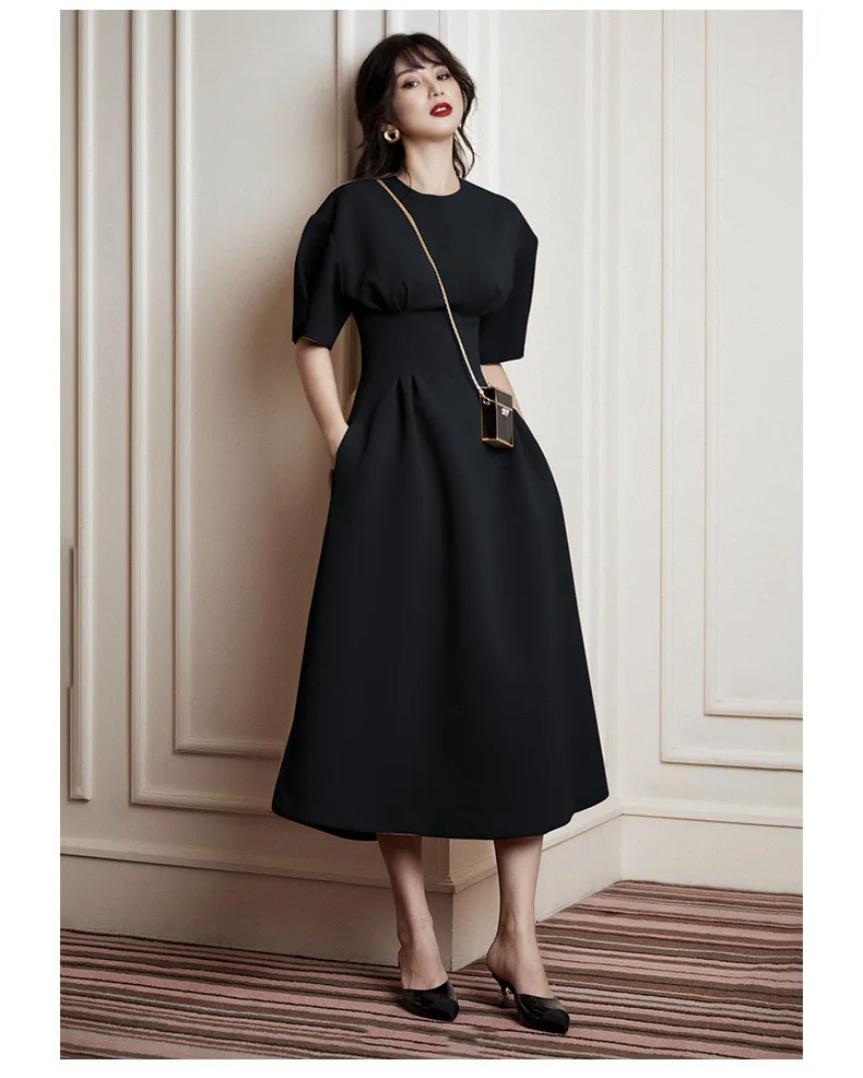 Midi A-Line Dress Women OL Clothes Work Party Night Puffy Sleeves Dresses Black Red Burgundy Vintage Holiday Summer Dress