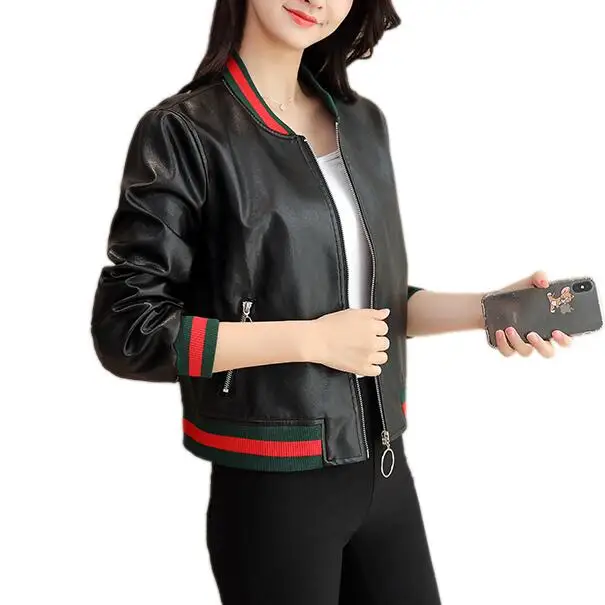 Женская Черная Куртка из искусственной кожи, новинка, женская кожаная бейсбольная куртка на молнии с длинным рукавом, осенняя верхняя одежда, пальто