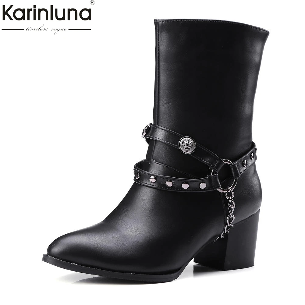 

Karinluna 2018 Large Size 32-48 dropship brand design rivet belt western Boots Woman Shoes fashion mid-calf Boots Shoes Women