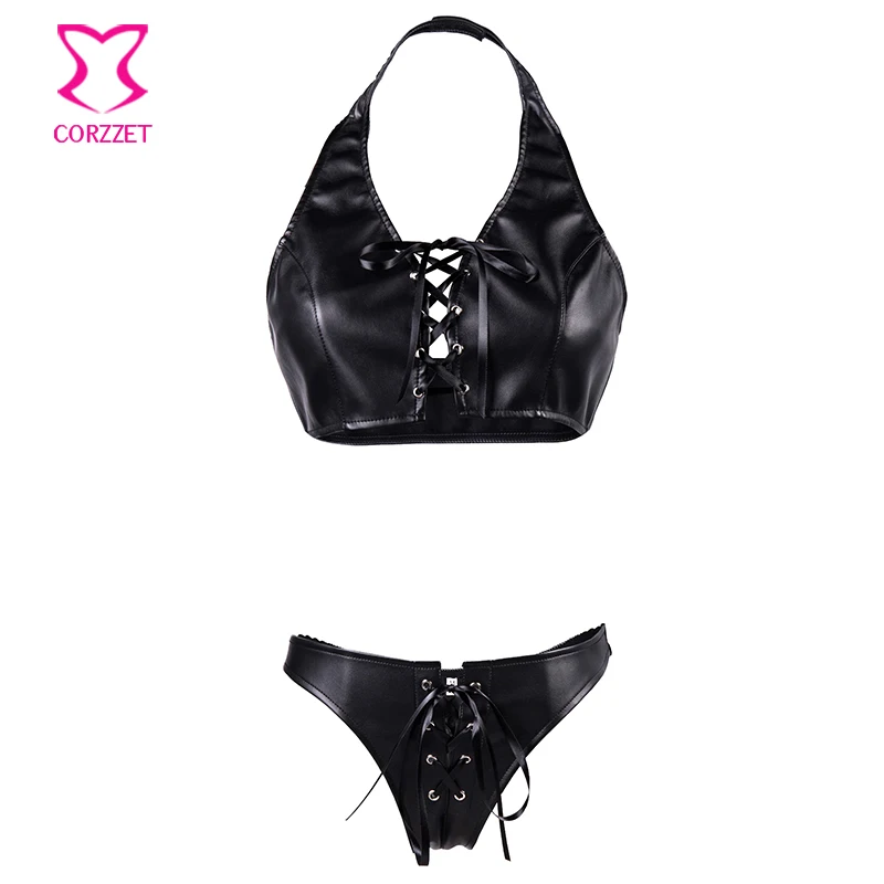 

Punk Lace Up Front Black Leather Halter Bustier Bra Top And Thong Sexy Lingerie Set Erotic Underwear Women Striptease Clubwear