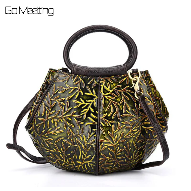 

Vintage Brush color Genuine Leather Women Handbags Fashion Manual embosed Women Shoulder Messenger Bags Flowers Casual Bag