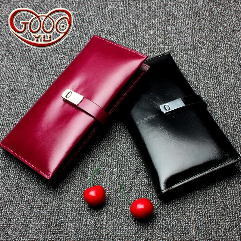 

Korean style leather men long paragraph solid color purse lady first layer of leather multi-card large capacity hand purse