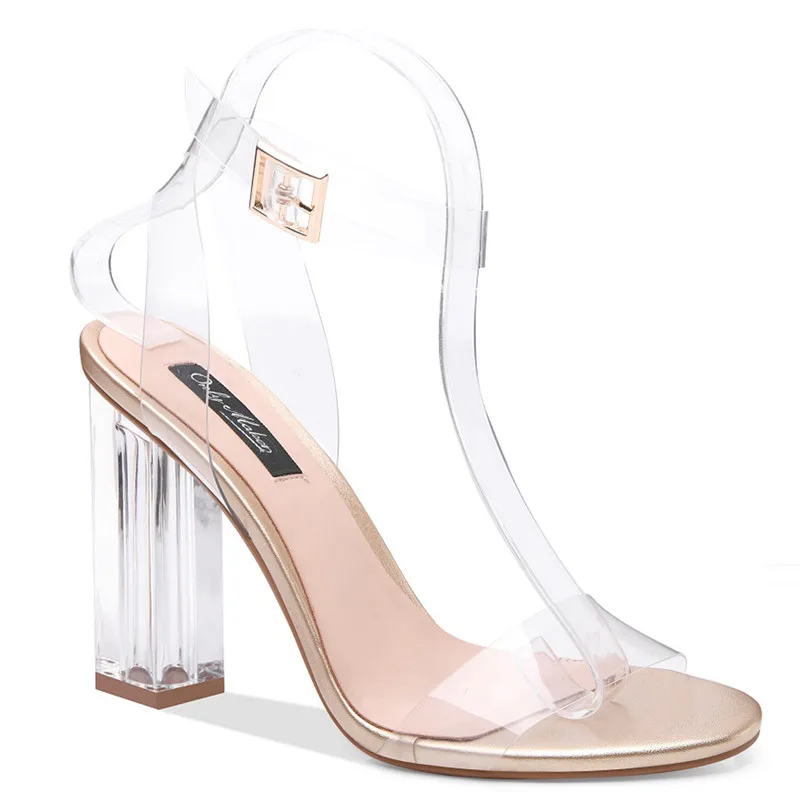 Ladies Transparent Clear Classic Shoes European Block Heel Lucite Peep Toe Buckle Sandals