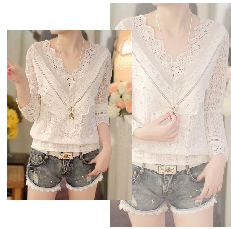 MSSNNG 2018 hot sale new arrival Spring and autumn Korean fashion women blouse V neck long sleeve slim lace female shirt  (9)