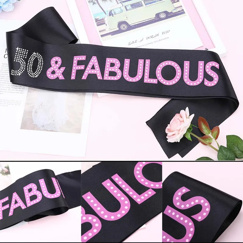 

New 50 & FABULOUS Rhinestone Satin Sashes 50th Birthday Party Decorations Black Party DIY Decorations