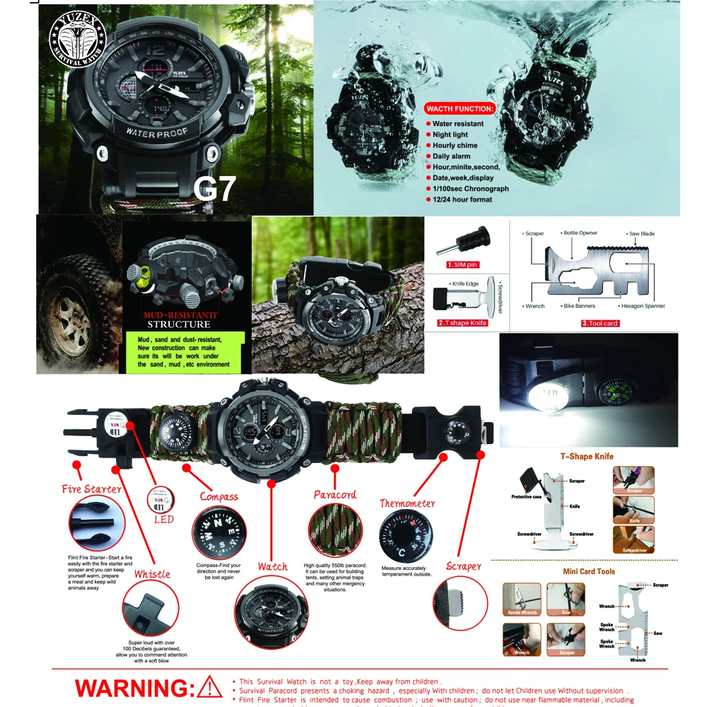 EDC часы для выживания на открытом воздухе, многофункциональные водонепроницаемые 50 м паракордовые часы-браслет для мужчин и женщин, походные аварийные часы