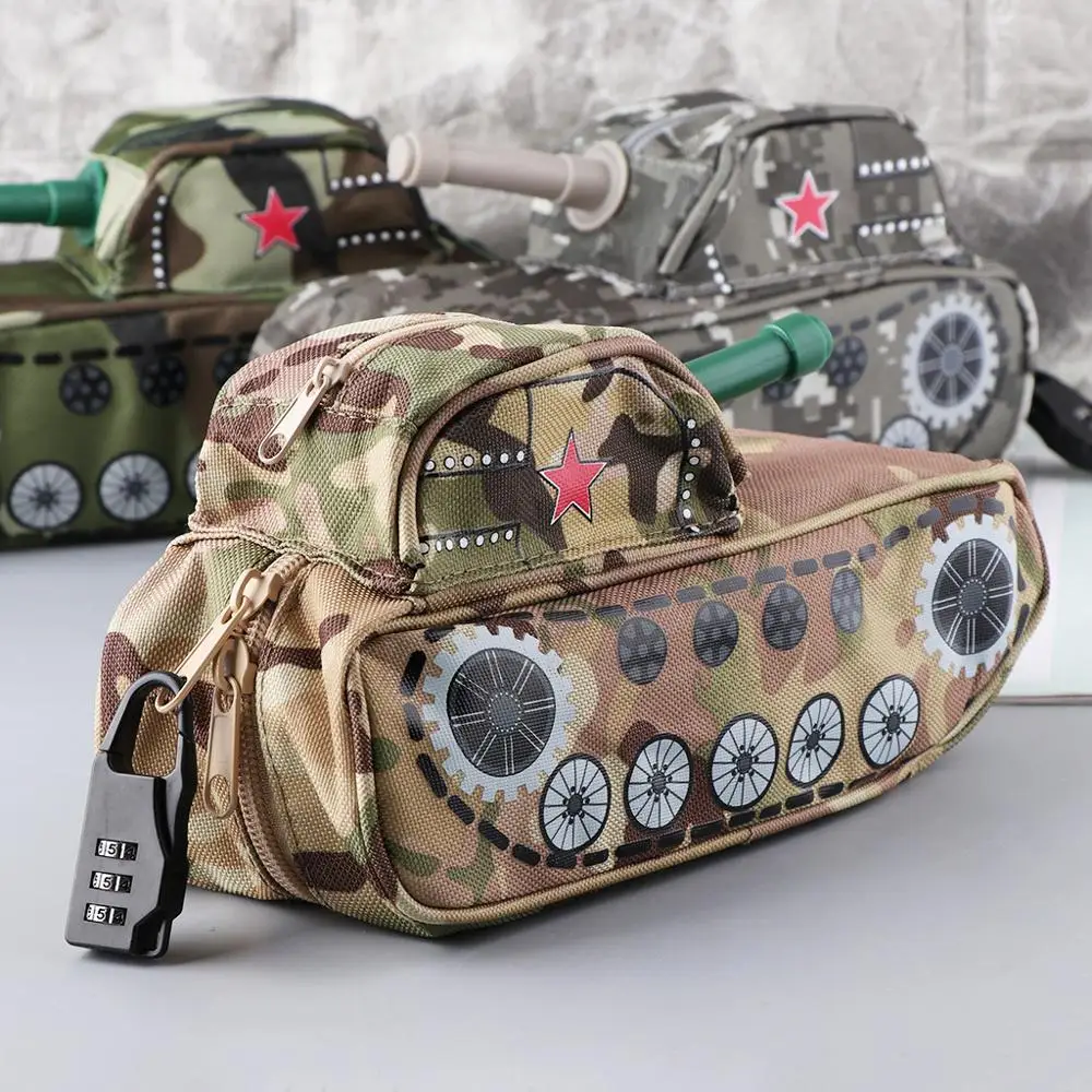 

Creative Tank Camouflage Pencil Bag With Lock Pen Storage Organizer Office School Supplies Stationery Boy Gif