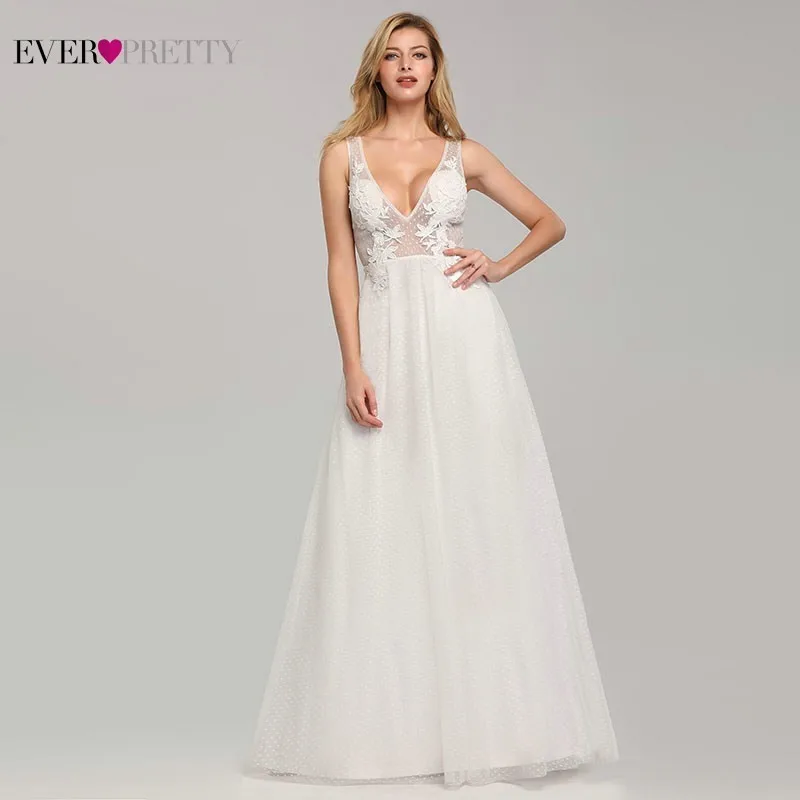 

Elegant Wedding Dresses 2019 Ever Pretty EB07833WH A-Line V-Neck Lace Appliques Formal Dresses For Bride Tulle Mariage Gelinlik