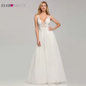 

Elegant Wedding Dresses 2020 Ever Pretty EB07833WH A-Line V-Neck Lace Appliques Formal Dresses For Bride Tulle Mariage Gelinlik