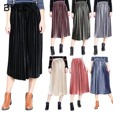 Bkld осень-зима модные женские туфли леди Винтаж бархат Юбки для женщин Высокая Талия плиссированная юбка Для женщин однотонный комплект с эластичной резинкой на талии юбка женский