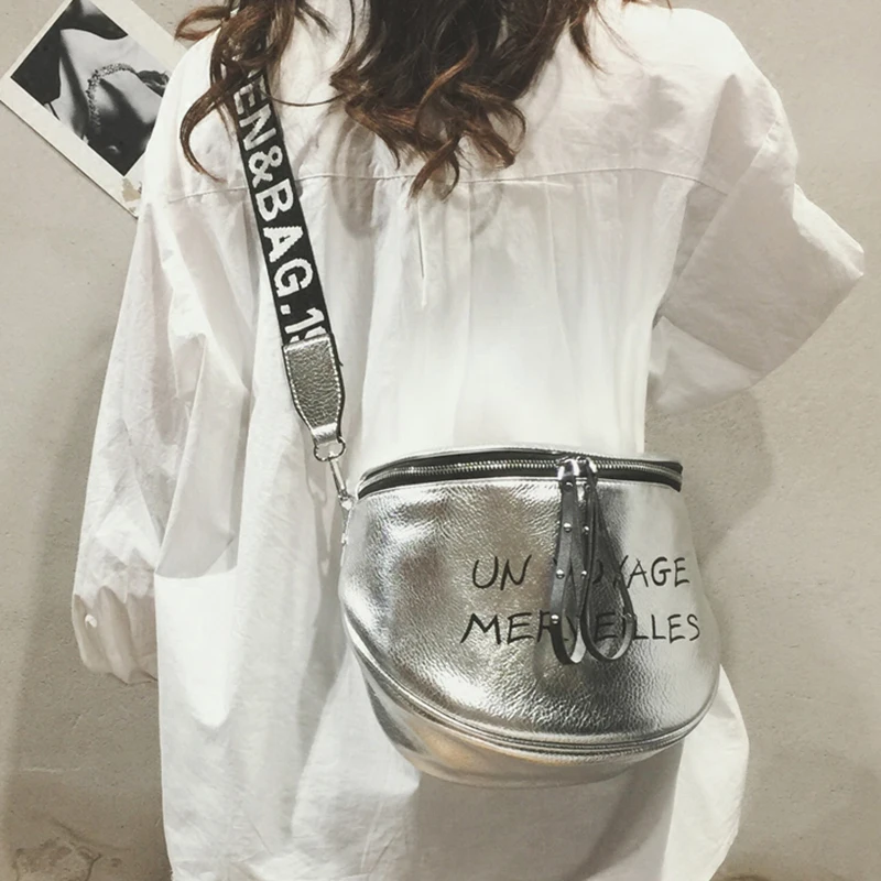 

Silver Pu Leather Saddle Shape Shoulder Bags Fashion Letter Print Crossbody Bag for Women with Wide Strap Black Shoulder Bags