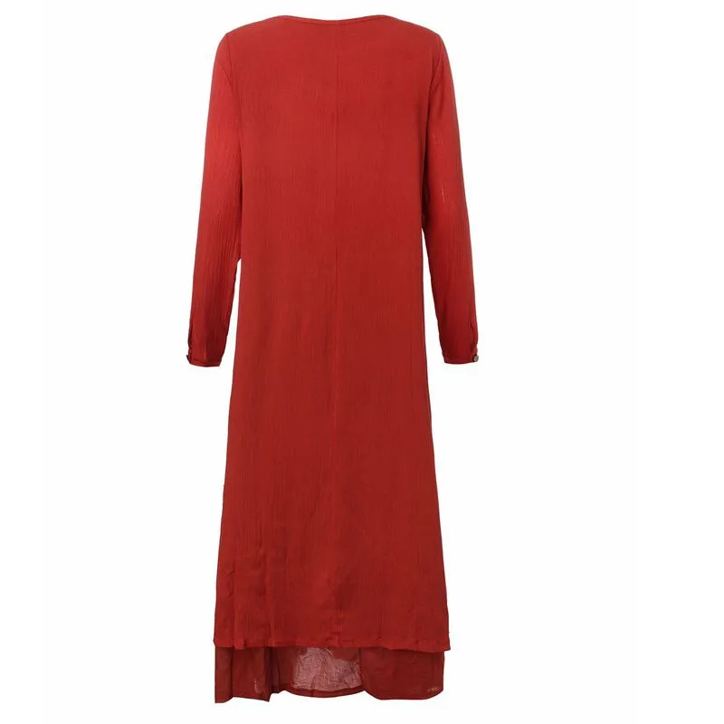 ZANZER женское винтажное хлопковое льняное платье макси с длинным рукавом и пуговицами, многослойное асимметричное платье с подолом, повседневное Свободное длинное платье Vestidos
