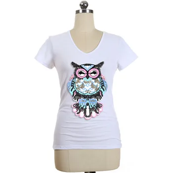 

BLINGSTORY Fashion Cotton Short Sleeve T-shir V Collar Embroidery Owl Big Size Summer Tops 3XL 4XL 5XL 6XL LP52018