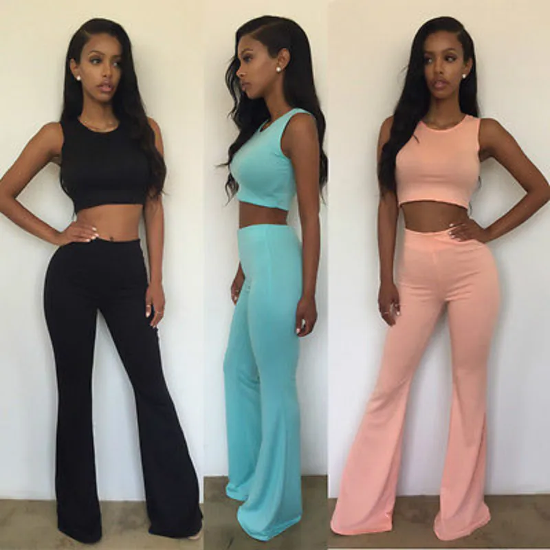

New 2 Pieces Women Ladies Clubwear Summer One O-neck vesk and One Casual Trousers Women Sets
