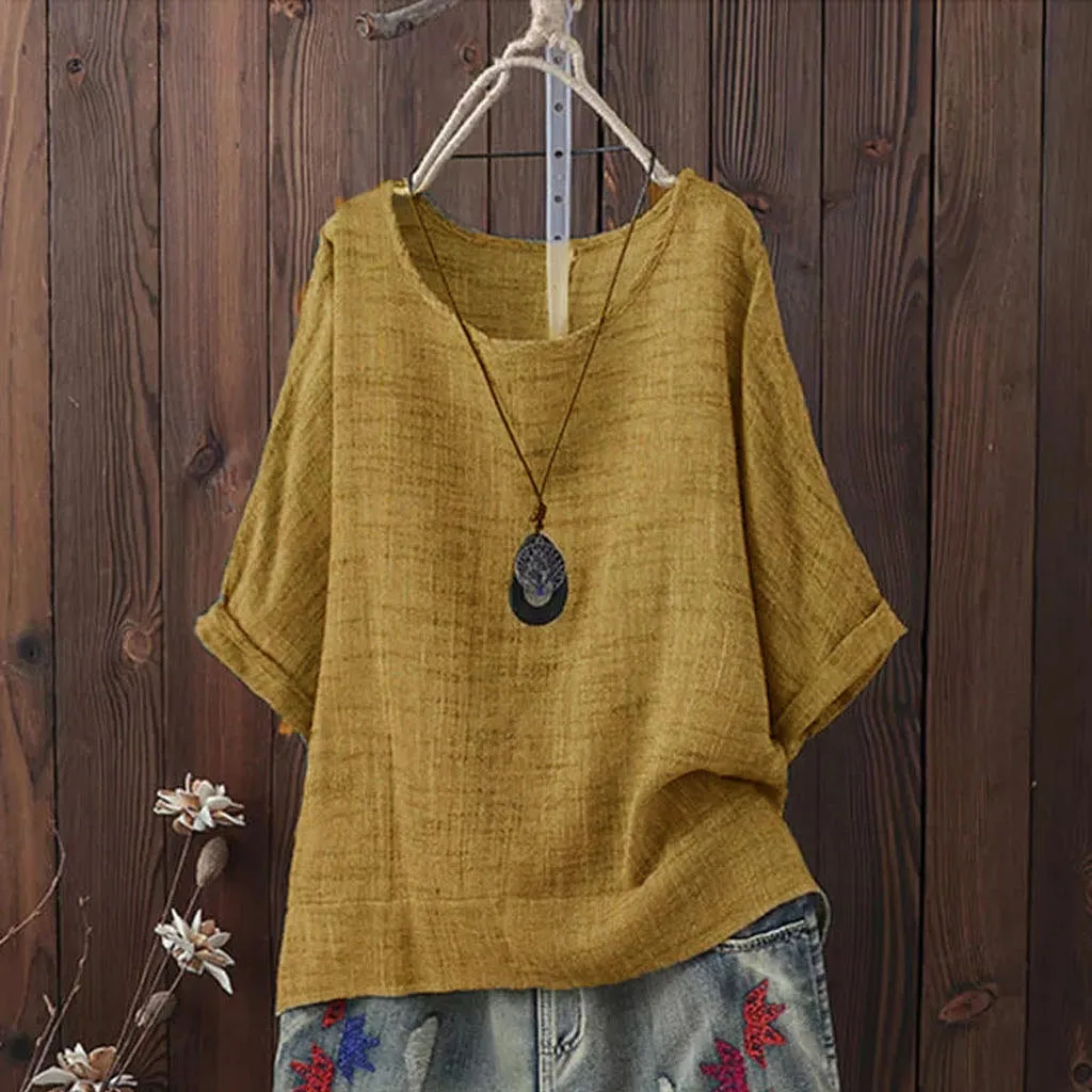 

Women Round Neck Short robe femme Sleeve Blouse Cotton Linen Tops Summer Casual summer clothes for women