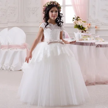 

White Lace Flower Girl Dresses Belt Design Elegant Ball Gown for Wedding Party First Communion Pageant Dress