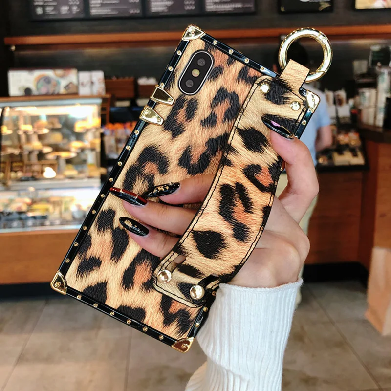 

Luxury brand Leopard print Square leather case for iphone 7 8 6 6s plus women girl phone case for iphone X XS Max Xr cover coque