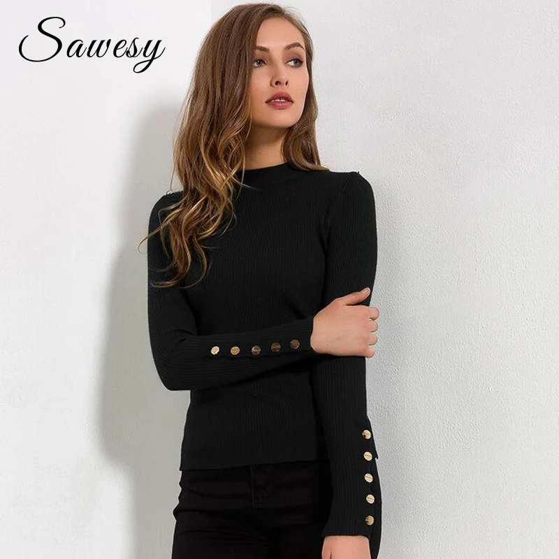 Long Sleeve Sweater 2018 Autumn Spring New Fashion Knitted Pullover Buttons Casual Slim Knitting Women Jumpers | Женская одежда