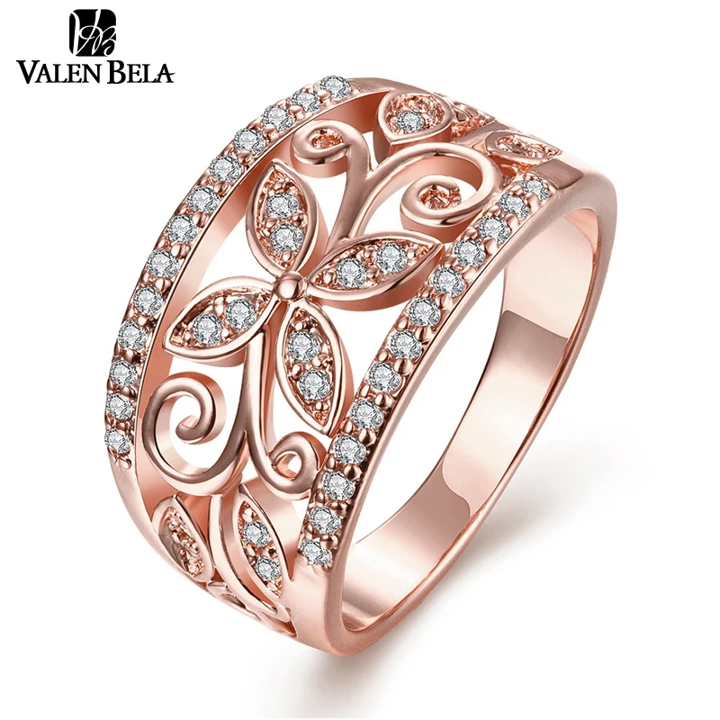 VALEN BELA Luxury Jewellery Flower Zirconia Rings Women Rose Gold Color Wedding Ring Jewelry ...