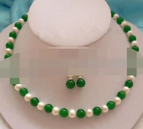 

xiuli 00567 HANDMADE NATURAL 7-8MM REAL WHITE PEARL & GREEN BEADS NECKLACE EARRINGS SET