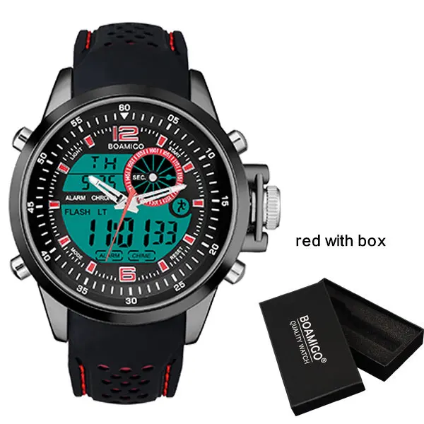 Мужские спортивные часы, Двойные цифровые часы, резиновые аналоговые кварцевые часы BOAMIGO, брендовые красные наручные часы с хронографом, reloj hombre - Цвет: red with box